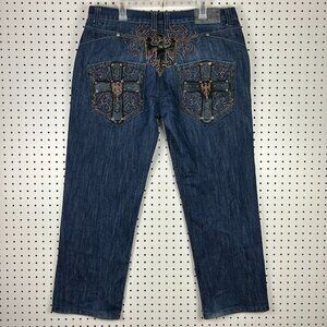 Delf‎ Trading Imperious Y2K Baggy Gothic Jeans 38x32 Cross Stitched Studded Blue